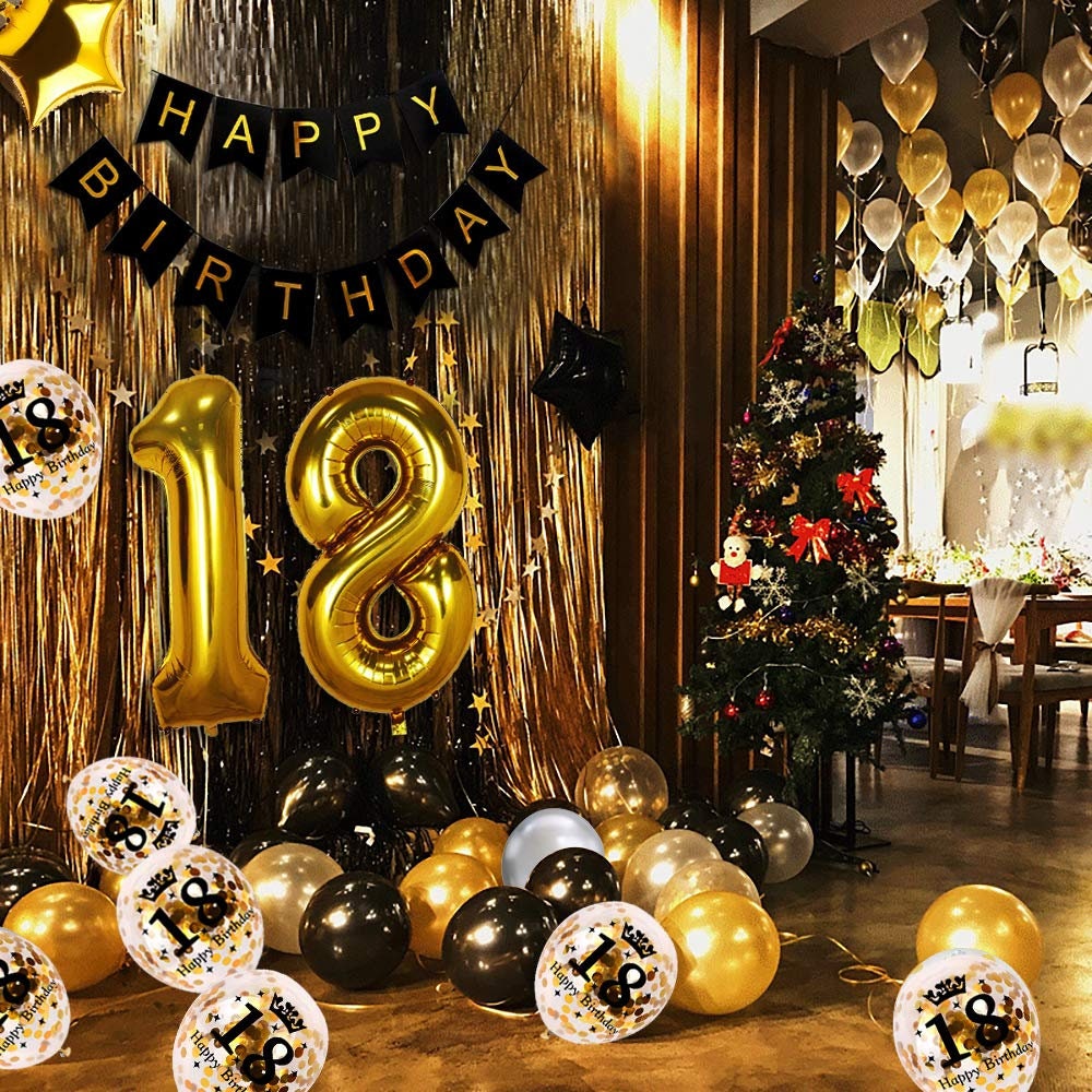 Decoraciones para fiestas de cumpleaños número 18 Negro Bandera de oro Flor  globo Fleco Mesa cortina Confeti B009 -  España