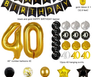 40th Birthday Party Decorations - Black Gold Balloons Banner B006