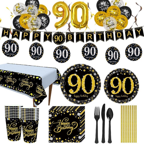 24 Guests 90th Birthday Party Decorations - Black Gold Paper Plates Napkins Cups Tablecover Forks Knives Spoons Banner B001