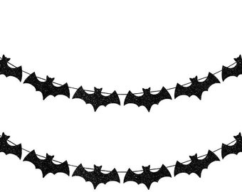 2 Pack Black Glittery Bat Halloween Garland / Banner  Haunted House Decor Sign  Holiday Season  Indoor and Outdoor Party Supplies h004
