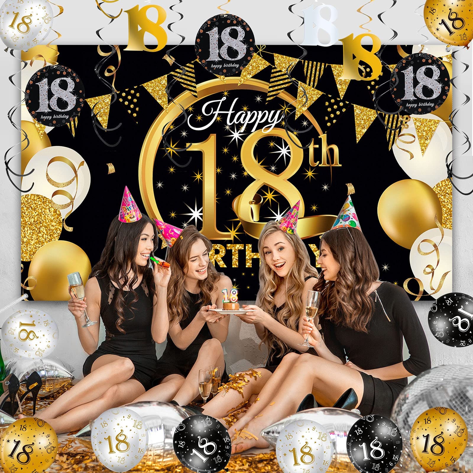 Decoraciones de fiesta de cumpleaños de 18 años en oro negro, 18 globos  Happy 18th Birthday Banners, pompones de papel, globos de aluminio para  hombres y mujeres, decoración para adultos, reutilizable Zhivalor