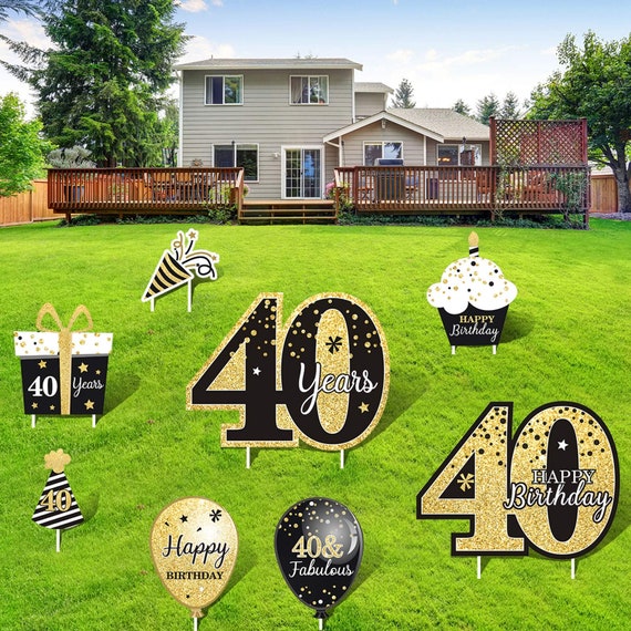 Set of 8 40th Birthday Party Decorations Black Gold Outdoor Party Yard Sign  B006 