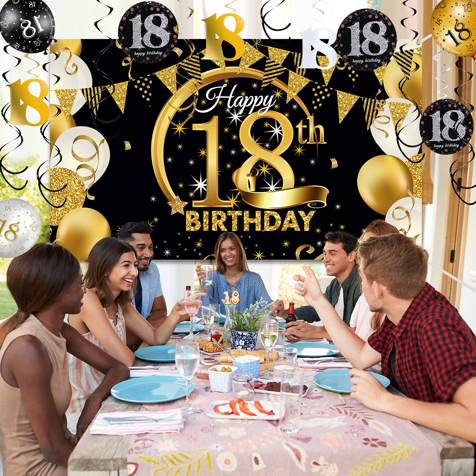 Decoraciones para fiestas de cumpleaños número 18 Oro negro Brillante Fondo  Banner Globo Colgante Remolinos B009 -  España