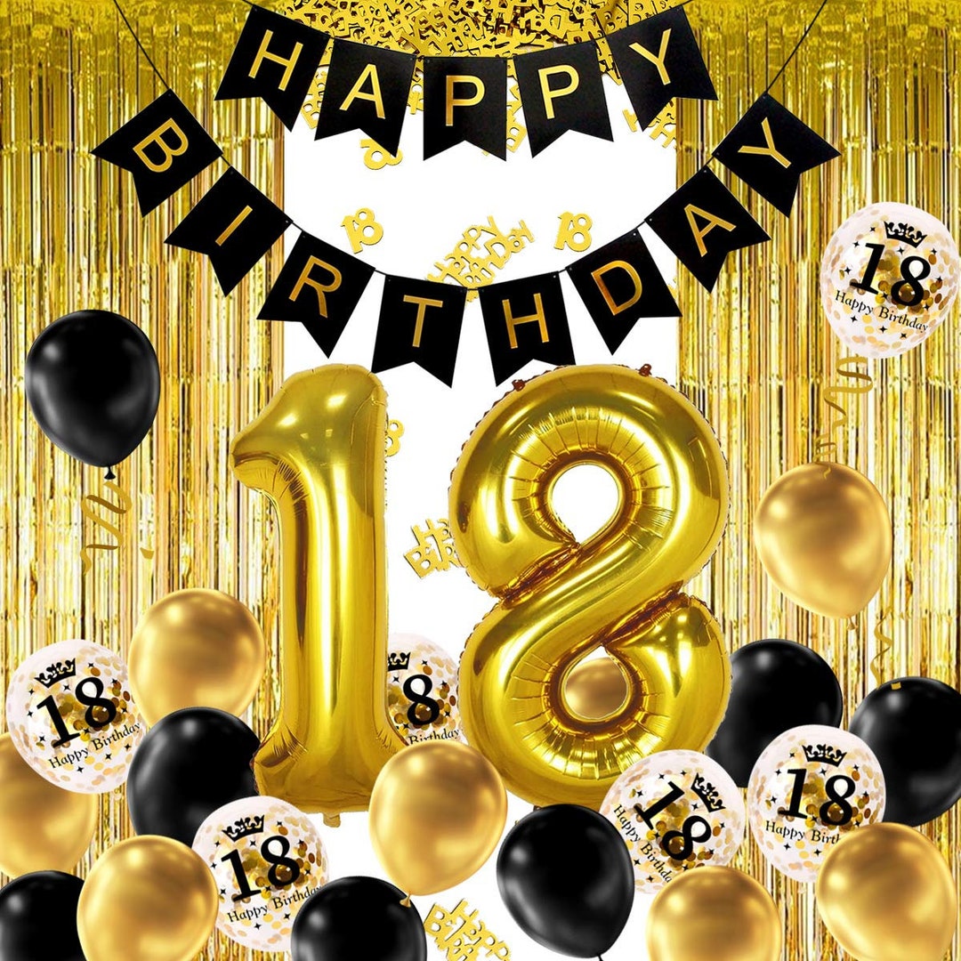 Decoraciones para fiestas de cumpleaños número 18 Negro Bandera de oro Flor  globo Fleco Mesa cortina Confeti B009 -  España