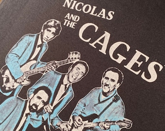 Nicolas Cage Band Shirt (ORIGINAL Black Shirt / Face Off Edition, Hand Printed GnuYorker Design // 2 Color Print) "Nicolas and the Cages"