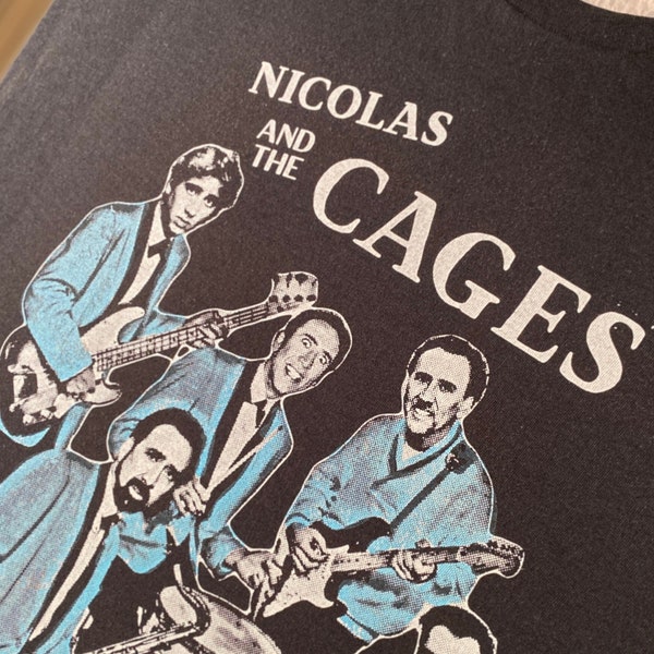 Nicolas Cage Band Shirt (ORIGINAL Black Shirt / Face Off Edition, Hand Printed GnuYorker Design // 2 Color Print) "Nicolas and the Cages"
