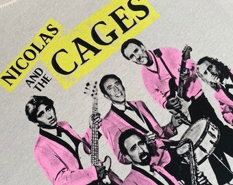 Nicolas Cage Band Shirt (The *Original* GnuYorker design, Hand Printed Design // 3 Color Print) "Nicolas and the Cages"