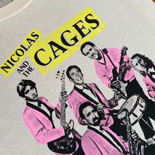 Nicolas Cage Band Shirt (The *Original* GnuYorker design, Hand Printed Design // 3 Color Print) "Nicolas and the Cages"