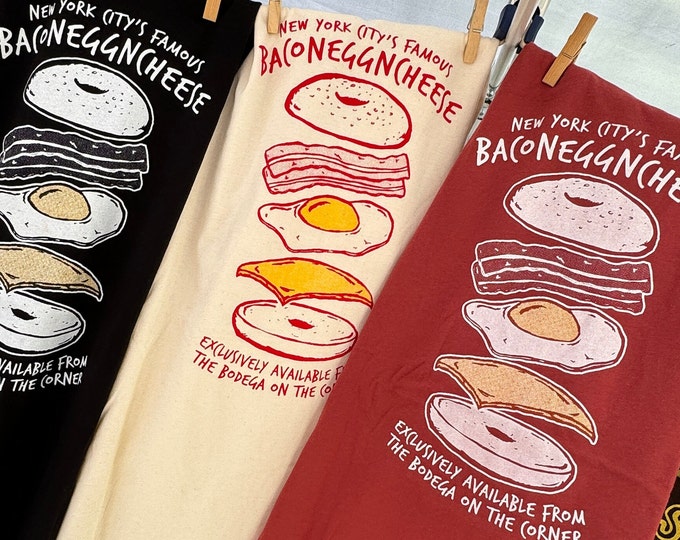 BACONEGGNCHEESE! New York City Bacon, Egg and Cheese t-shirt (hand printed // original design // 2 color print)