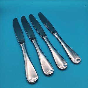 May include: Four stainless steel butter knives with rounded handles and a polished finish are arranged diagonally on a blue background. The blades are smooth and reflect light, suggesting a clean, modern design. These knives are suitable for table settings.