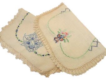 Floral Embroidered Linen Dresser Scarves Doilies Placemats Crocheted Edge Set of 2 Handmade Vintage NEW