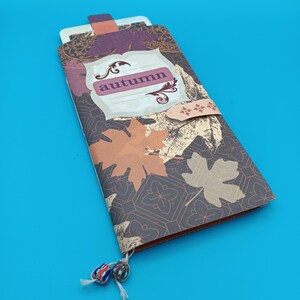 Handmade Autumn Themed Journal Notebook Soft Cover Coffee Dyed Paper Falling Leaves Tags Journaling Cards Thanksgiving Hostess Gift
