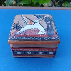 Vintage TONALA Mexican Trinket Box Pottery Lid Folk Art Bird Hand Painted Signed