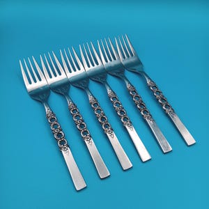 Oneida Northland ROSE WISP Salad Forks Pierced Stainless Black Accent Japan Set of 6 Replacement Flatware 6 1/2&quot;