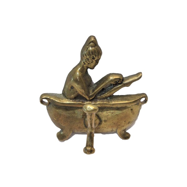 Vintage Brass Bathroom Towel Robe Hook Woman Bathing In Clawfoot Tub 4"x4"