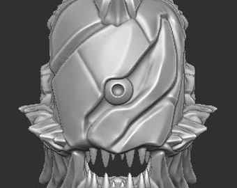 May include: A 3D printed model of a creature's head with a sharp, pointed crest, a single eye, and a row of teeth. The model is made of gray plastic and has a detailed, textured surface.