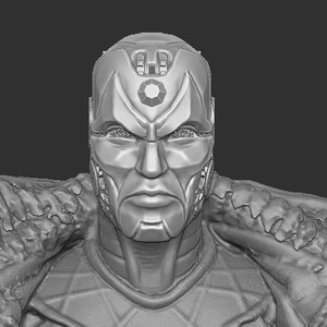 May include: A detailed, gray, 3D printed bust of a character with a robotic face and a textured, rocky base.