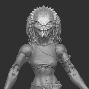 May include: A gray, detailed, 3D printed model of a female Predator with dreadlocks, a mask, and a torn, sleeveless shirt.