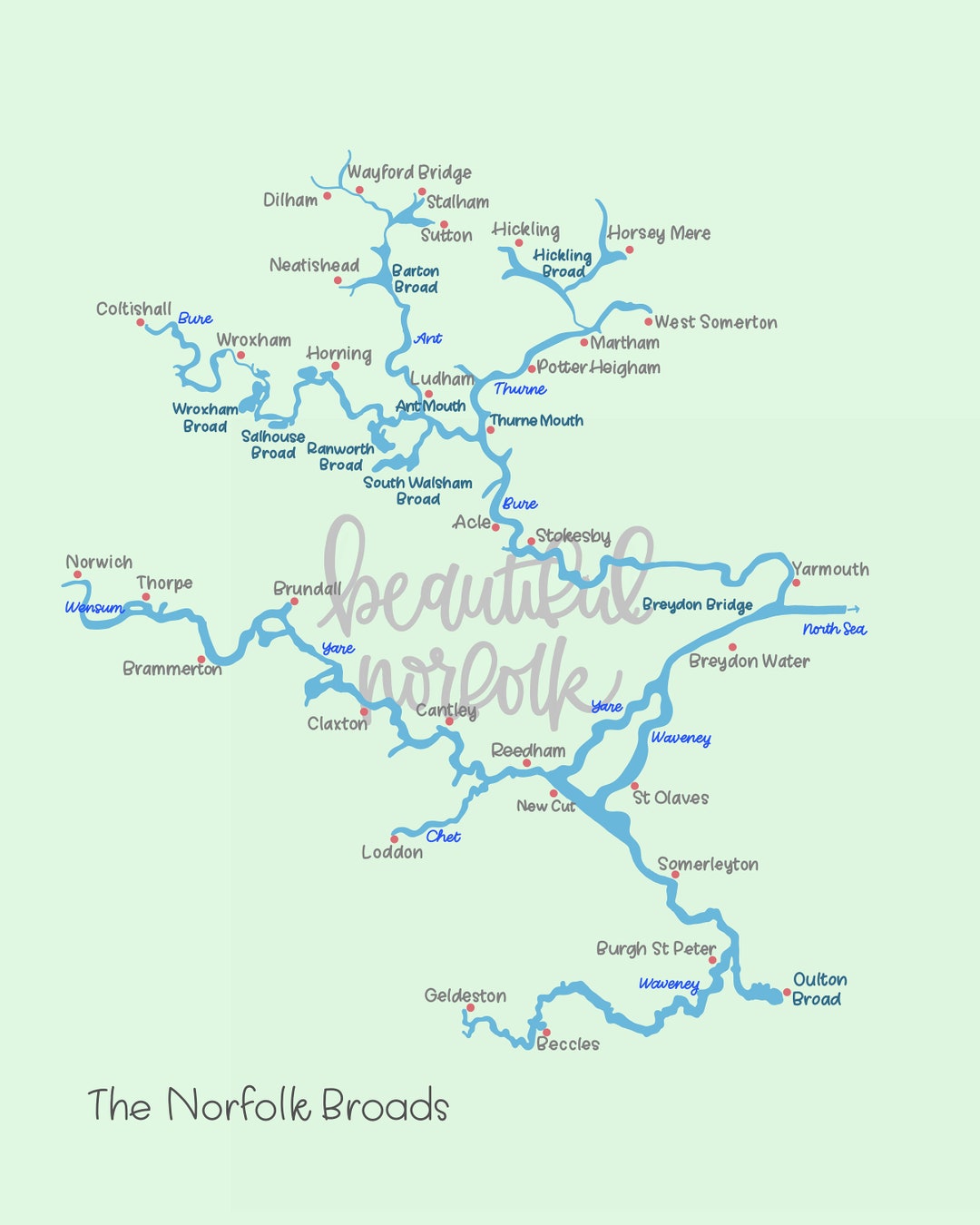 Map of the Norfolk Broads Etsy UK
