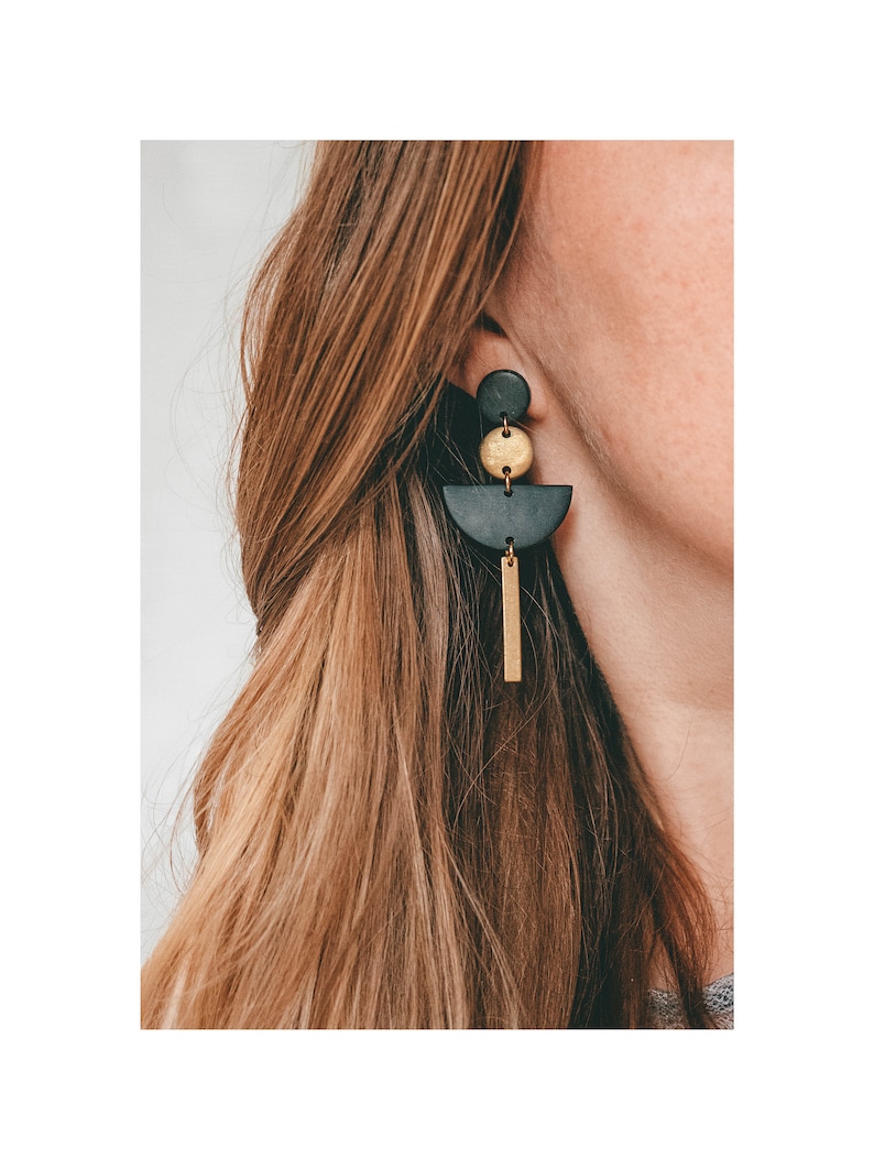 Geometric Clay Dangles Statement Earrings Polymer Clay Drop Earrings Handmade Jewellery Black Velvet & Gold Collection