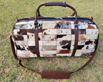 Patchwork Cowhide Leather Duffel Bag – Handmade Weekender Travel Tote