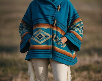 Handmade Hooded Wool Blend Poncho: Southwest Aztec Fleece Coat