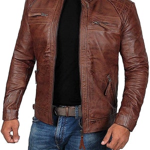 Men Leather Jacket, Real Brown Biker Leather Jacket for Mens Vintage ...