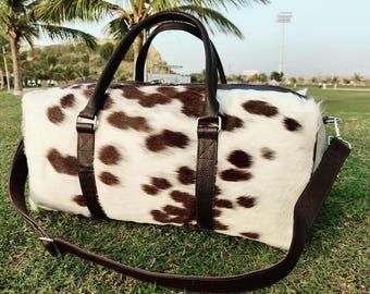 Hair-On-Hide Cowhide Duffle Bag, Leather Weekender, Handmade
