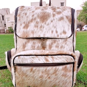 Sac à dos en cuir de vachette véritable crème tricolore - Sac de voyage - Sac à couches - Sac d'école - Sac à dos western - Cadeau de Noël pour maman et enfant