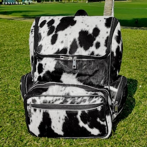 Sac à dos en cuir de vachette naturel noir et blanc, sac de voyage, sac à langer, cartable, sac à bandoulière, sac à dos occidental, cadeau pour maman, papa et enfants