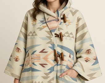 Handmade Wool Hooded Poncho Coat, White Sands Design