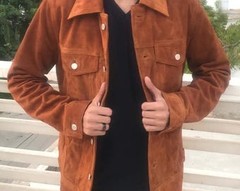 Tan Brown Suede Trucker Jacket: Men's Western Style Lambskin Shirt