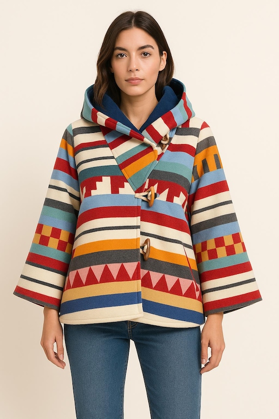 Hooded Wool Blend Poncho Coat – Multicolor Wyeth Trail Jacket