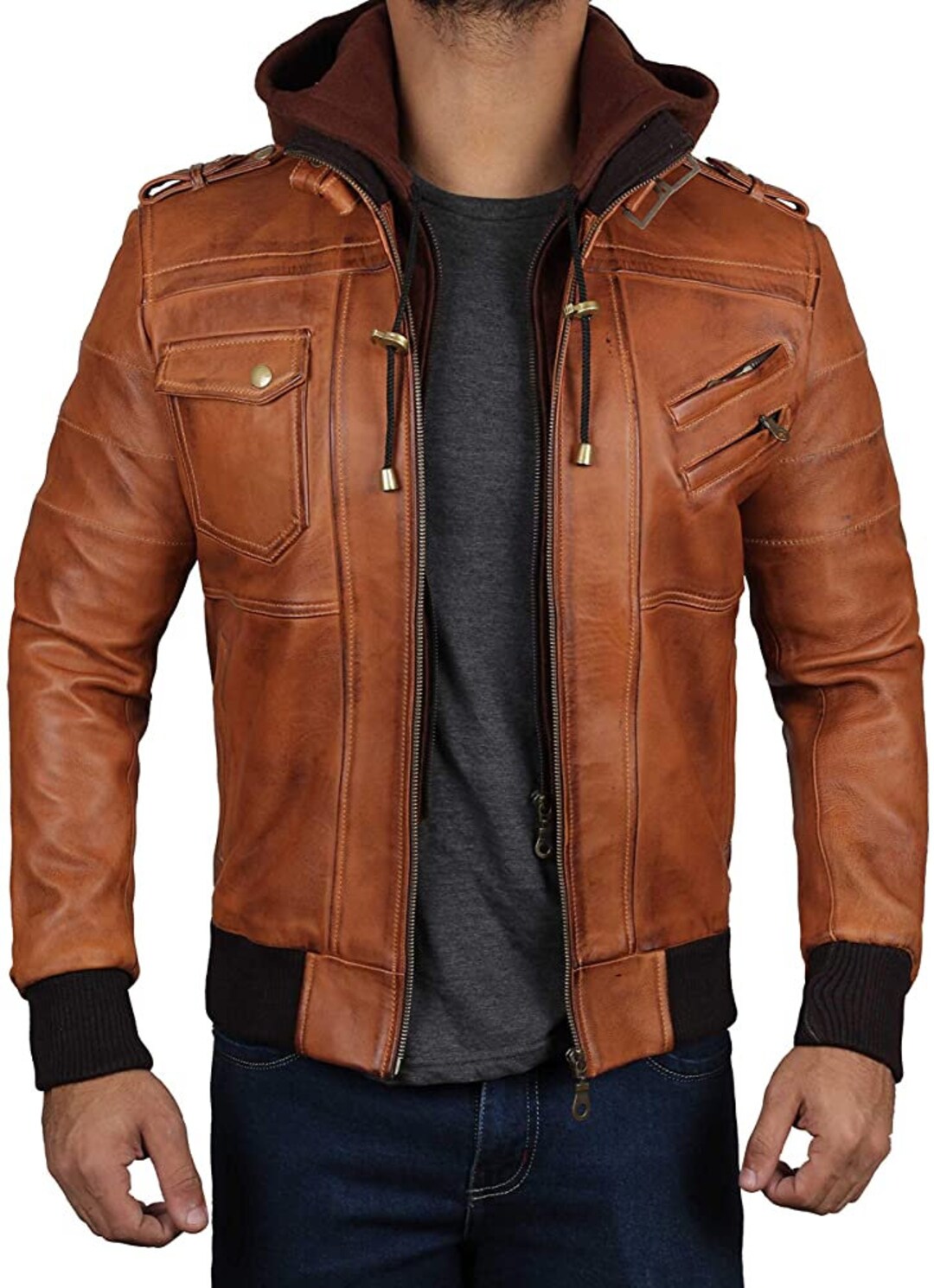 Bomber Men Leather Jacket, Hand Made Brown Genuine Leather Jacket With