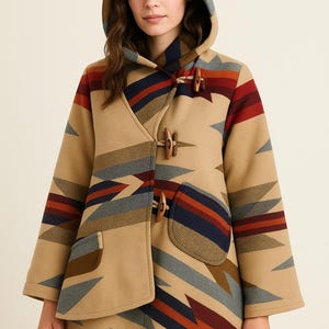 May include: A tan coat with a geometric pattern in shades of blue, red, and brown. The coat features a hood, wooden toggle closures, and pockets. The coat's design is reminiscent of Native American textiles.