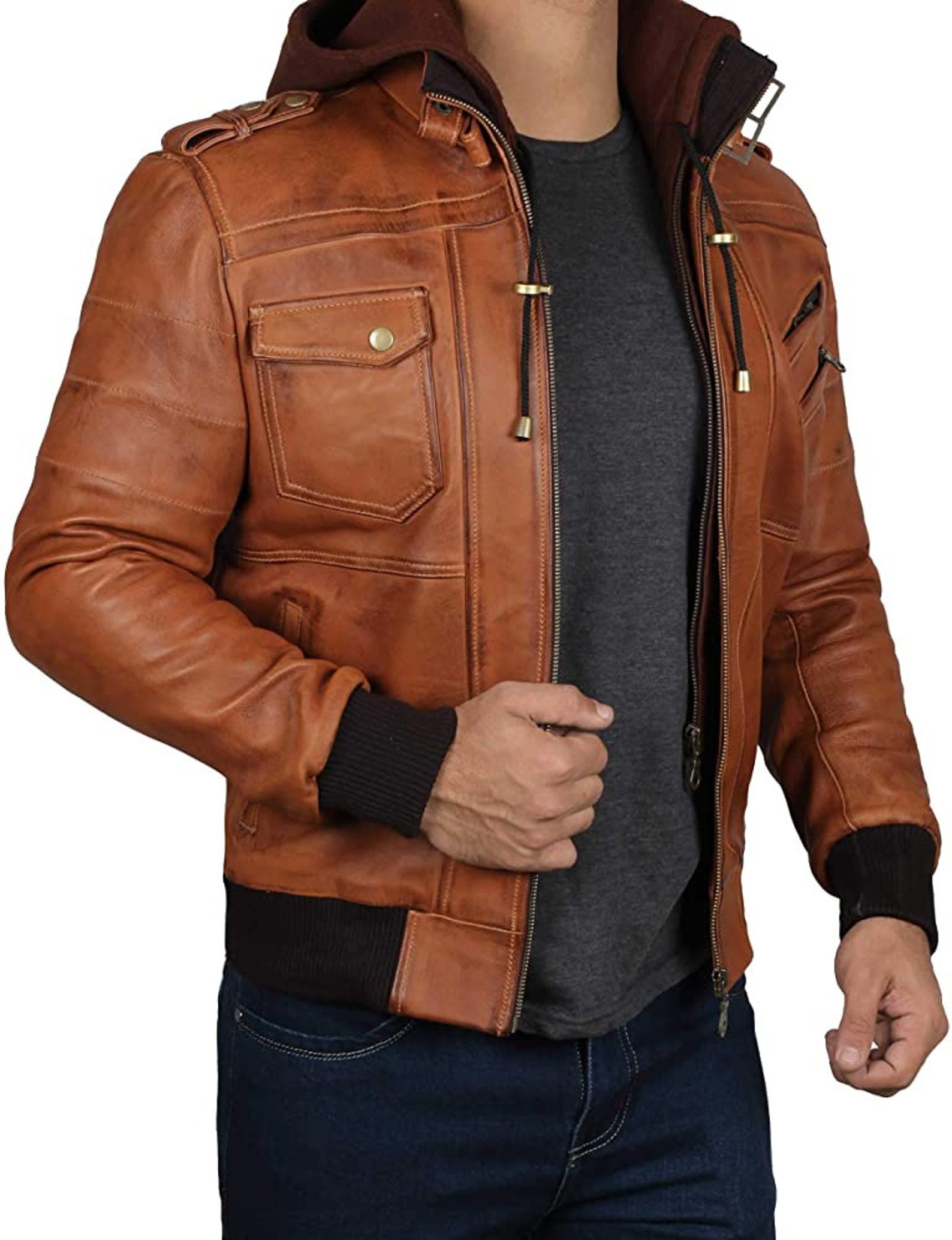 Bomber Men Leather Jacket, Hand Made Brown Genuine Leather Jacket With ...