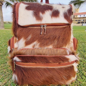 Sac à dos en cuir de vachette véritable marron naturel et blanc fait main, sac de voyage, sac à langer, sac d'école, sac à bandoulière, sac à dos western, cadeau pour maman, enfant