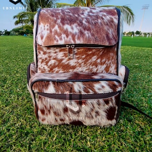Sac à dos en cuir de vachette véritable marron naturel et blanc, sac de voyage, sac à couches, sac d'école, sac à bandoulière, sac à dos western, cadeau pour maman, enfant