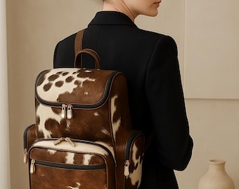Handmade Cowhide Leather Backpack – Tricolor Fur Travel Bag