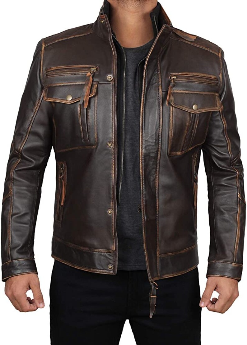Men Biker Leather Jacket, Hand Made Brown Leather Jacket Motorcycle ...