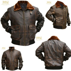 Brown Real Cowhide Leather Fur Collar Bomber Pilot Jacket./Real Brown Distressed Handmade Leather Bomber Jacket.