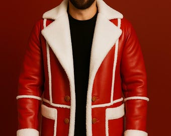 Men's Red Faux Shearling Santa Coat - Christmas Cosplay