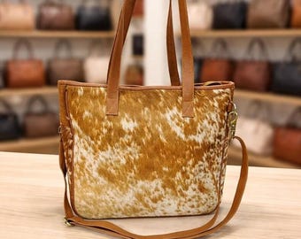 Genuine Cowhide Tote Bag, Hair-On Leather Shoulder Purse, Western Boho Handbag