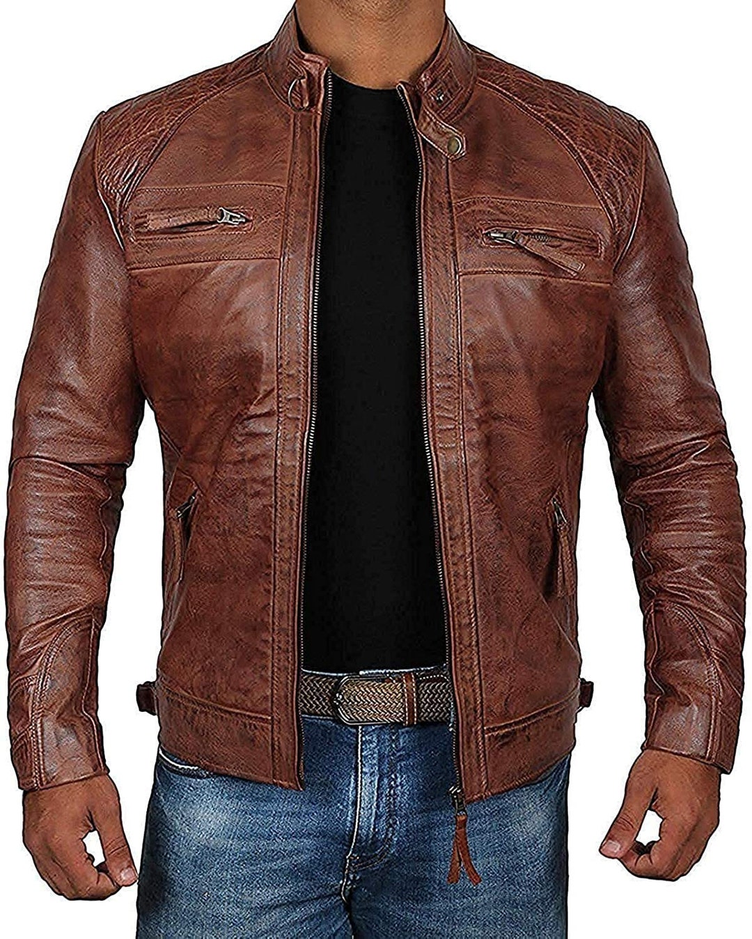 Men Leather Jacket, Real Brown Biker Leather Jacket for Mens Vintage ...