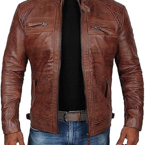Men Leather Jacket, Real Brown Biker Leather Jacket for Mens Vintage ...