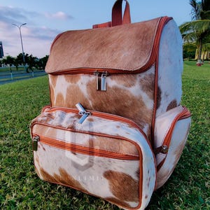Sac à dos en cuir de vachette véritable marron naturel et blanc, sac de voyage, sac à couches, sac d'école, sac à bandoulière, sac à dos western, cadeau pour maman, enfant