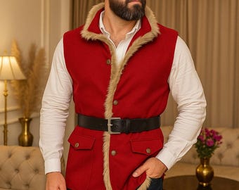 Men's Red Santa Vest – Faux Fur Christmas Cosplay Waistcoat