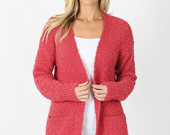red popcorn cardigan sweater