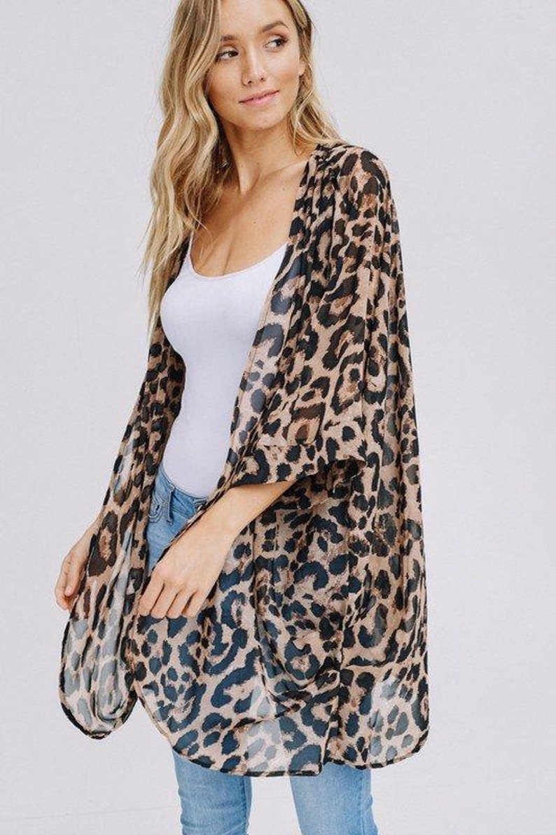 Three Quarter Sleeve Animal Leopard Print Chiffon Kimono Etsy
