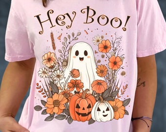 Halloween Floral Ghost Shirt, Hey Boo Comfort Colors TShirt, Cute Ghost Shirt, Funny Retro Fall Halloween Spooky Season Shirt Gift for Her